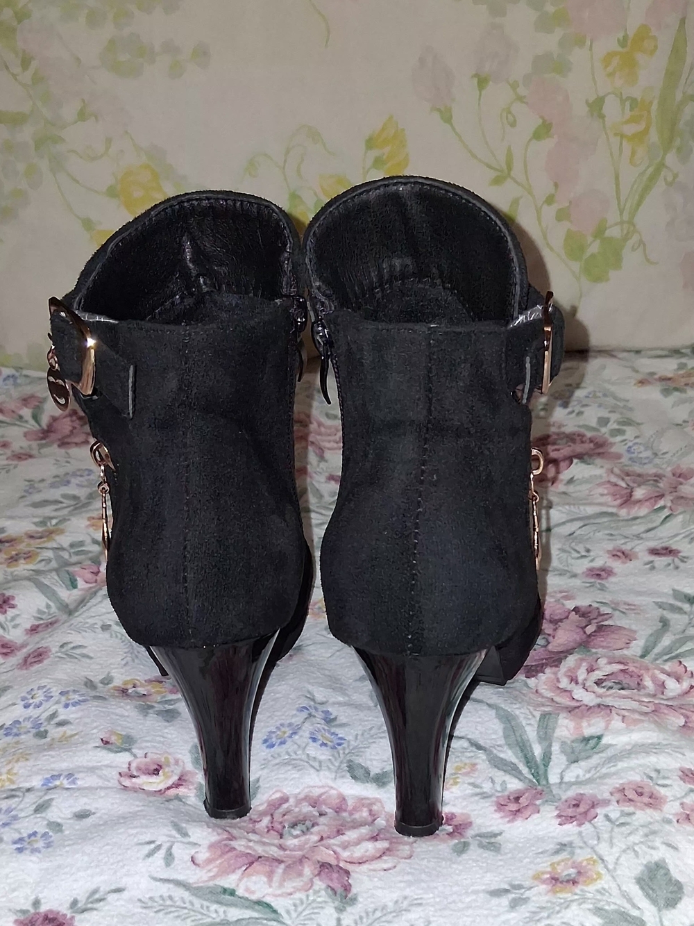 Women's Black Suede Ankle Boots with Gold Accent - Picture 7 of 9